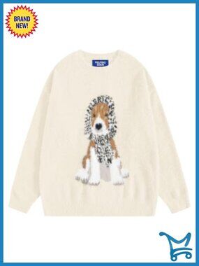 Oversized Crewneck Knit Pullover Cute Dog Graphic Streetwear Y2K Sweater